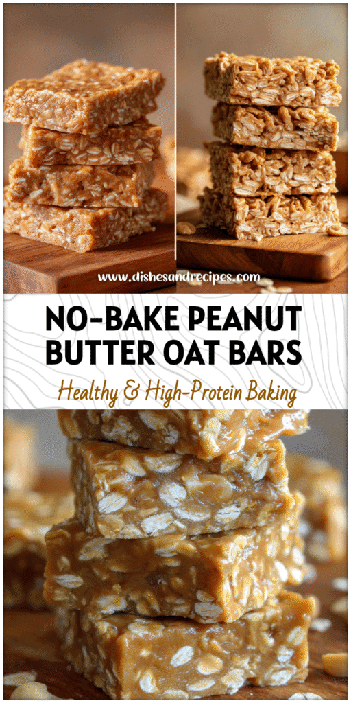 Stack of healthy no-bake peanut butter oat bars made with oats and creamy peanut butter on a wooden board.